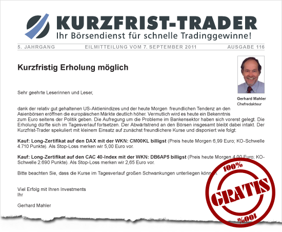 Ausschnitt einer Kurzfrist-Trader Eilmitteilung